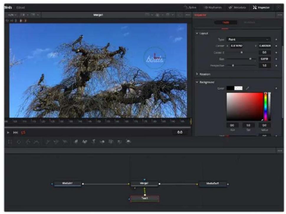 Birds Sorted Merge1 Split Keyframes Metadata Inspector Multi Layout Type Paint Center: 0.819157 0.600328 Center: 0.0 Sum: 0.819 Perspective: 1.0 Rotation Background Color: 0.0 0.0 1.0 0.0 Run Set Value Media1 Merge1 MediaOut1 Text1