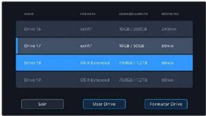 NOME FORMATO ARMAZENAMENTO RESTANTES Drive 16 exFAT 10GB / 250GB 240min Drive 17 exFAT 10GB / 50GB 60min Drive 18 OS X Extended 750GB / 1.2TB 60min Drive 19 OS X Extended 750GB / 1.2TB 60min Sair User Drive Formatar Drive
