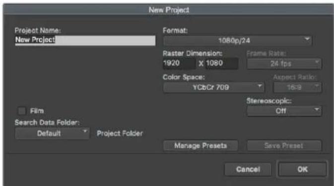 New Project Project Name: New Project Format: 1080p/24 Raster Dimension: 1920 X 1080 Frame Rate: 24 fps Color Space: YCbCr 709 Aspect Ratio: 16:9 Film Search Data Folder: Default Project Folder Stereoscopic: Off Manage Presets Save Preset Cancel OK