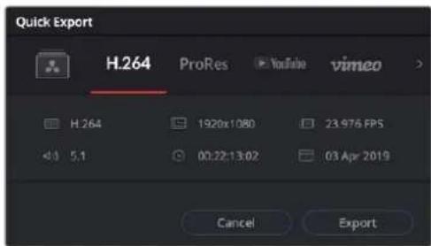 Quick Export H.264 ProRes YouTube vimeo H.264 1920x1080 23.976 FPS 5.1 00:22:13:02 03 Apr 2019 Cancel Export