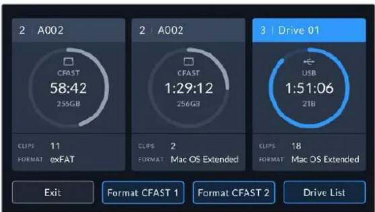 2 | A002 CFAST 58:42 255GB 2 | A002 CFAST 1:29:12 256GB 3 | Drive 01 USB 1:51:06 21B CLIPS 11 FORMAT exFAT CLIPS 2 FORMAT Mac OS Extended CLIPS 18 FORMAT Mac OS Extended Exit Format CFAST 1 Format CFAST 2 Drive List