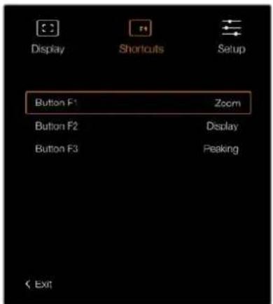 Display Shortcuts Setup Button F1 Zoom Button F2 Display Button F3 Peaking < Exit