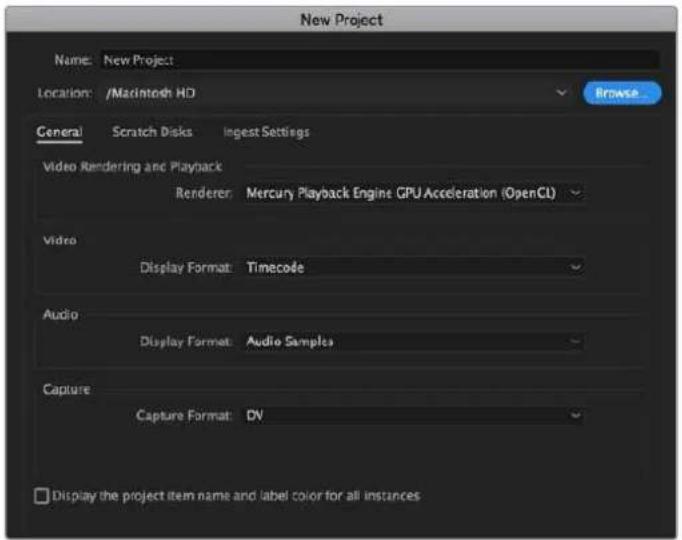 New Project Name: New Project Location: /Maxintosh HD Browse General Scratch Disks Ingest Settings Video Rendering and Playback Renderer: Mercury Playback Engine GPU Acceleration (OpenCL) Video Display Format: Timecode Audio Display Format: Audio Samples Capture Capture Format: DV □ Display the project item name and label color for all instances