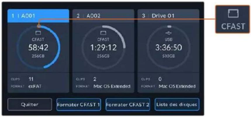 1 | A001 2 | A002 3 | Drive 01 CFAST CFAST 58:42 256GB CFAST 1:29:12 256GB USB 3:36:50 500GB CLIPS 11 FORMAT exFAT CLIPS 2 FORMAT Mac OS Extended CLIPS 0 FORMAT Mac OS Extended Quitter Formater CFAST 1 Formater CFAST 2 Liste des disques