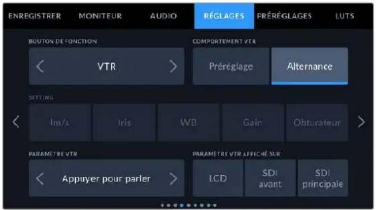 ENREGISTRER MONITEUR AUDIO RÉGLAGES PRÉRÉGLAGES LUTS BOUTON DE FONCTION COMPORTEMENT VTR < VTR > Préréglage Alternance SETTING lm/s Iris WB Gain Obturateur > PARAMETRE VTR PARAMETRE VTR AFFICHE SUR < Appuyer pour parler > LCD SDI avant SDI principale