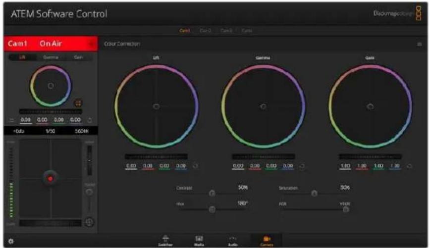 ATEM Software Control Cam1 On Air Color Correction Left Gamma Gain 0.00 0.00 0.00 0.00 +0.00 1/00 560% Ceramics 50% Hua 180° Saturation 50% RGB YOUI Switcher Media Audio Camera BlackMagazine