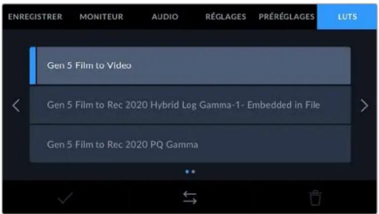 ENREGISTRER MONITEUR AUDIO RÉGLAGES PRÉRÉGLAGES LUTS Gen 5 Film to Video Gen 5 Film to Rec 2020 Hybrid Log Gamma-1- Embedded in File Gen 5 Film to Rec 2020 PQ Gamma