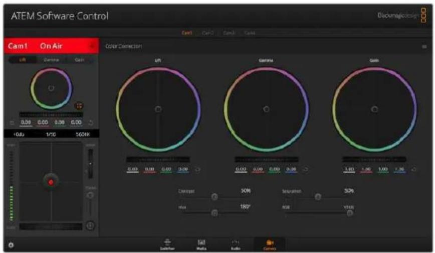 ATEM Software Control Cam1 On Air Color Correction GIF Gamma Gain 0.00 0.00 0.00 0.00 6.00 0.00 0.00 0.00 1.00 1.00 1.00 1.00 Concentration 30% Hua 180° Saturation 30% RGB YERB Sat Filter Select Audio Camera