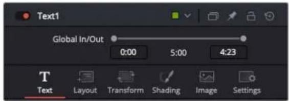 Text1 Global In/Out 0:00 5:00 4:23 T Text Layout Transform Shading Image Settings