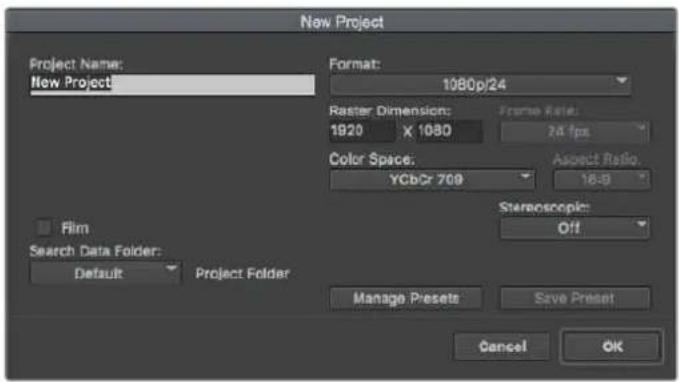New Project Project Name: New Project Format: 1080p/24 Raster Dimension: 1920 X 1080 Frame Rate: 24 fps Color Space: YCb/Cr 709 Aspect Ratio: 16:3 Film Search Data Folder: Default Project Folder Starnoscopic: Off Manage Presets Save Preset Cancel OK