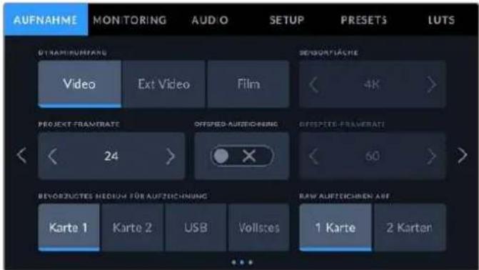 AUFNAHME MON TORING AUDIO SETUP PRESETS LUTS DYNAMICURFANG Video Ext Video Film SENSORTIACHE 4K PROJECT FRAMERATE OFFSIED-AUFZEICHING RESPECTED FRAMERATE 24 60 REVORZUGTES MEDIUM FÜR AUFZEICHING RAW AUFZEICHEN AUF Karte 1 Karte 2 USB Vollstes 1 Karte 2 Karten