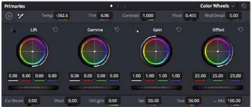 Primaries Color Wheels Temp -382.6 Tint 6.96 Contrast 1.000 Pivot 0.435 Mid/Detail 0.00 Lift Gamma Gain Offset 0.00 0.00 0.00 0.00 0.00 0.00 0.00 0.00 1.00 1.00 1.00 1.00 25.00 25.00 25.00 Col Boost 0.00 Shad 0.00 Hi/Light 0.00 Sat 50.00 Hue 50.00 L: Mix 100.00