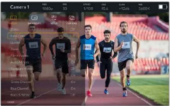 Camera 1 RES 1080p FPS 50 SPEED 1/100 IRD 15.6 GAIN +12db WD 5600K CHILLI SHORTCUT SETUP CURSORS Zebra FXSE COLOR Guides Zoom Filmtravideo Audio Masters Exposure Meter Red Clarrer Green Charrer Blue Charrer Black & White SEM