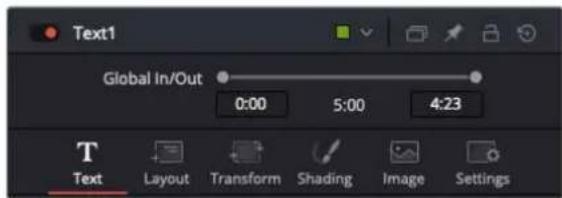 Text1 Global In/Out 0:00 5:00 4:23 T Text Layout Transform Shading Image Settings