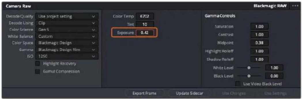 Camera Raw Blackmagic RAW Decode Quality Use project setting Decode Using Clip Color Science Gen 5 White Balance Custom Color Space Blackmagic Design Gamma Blackmagic Design Film ISO 1250 Highlight Recovery Gamut Compression Color Temp 6702 Tint 10 Exposure 0.42 GammaControls Saturation 1.00 Contrast 1.00 Midpoint 0.38 Highlight Rolleff 1.00 Shadow Rolleff 1.00 White Level 1.00 Black Level 0.00 Use Video Black Level Export Frame Update Sdecor Use Changes Use Settings