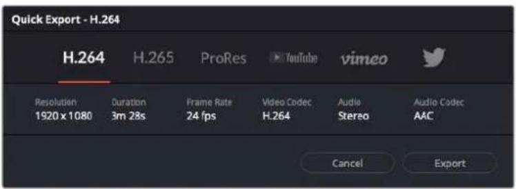 Quick Export - H.264 H.264 H.265 ProRes YouTube vimeo Resolution Duration Frame Rate Video Codec Audio Audio Codec 1920 x 1080 3m 28s 24 fps H.264 Stereo AAC Cancel Export