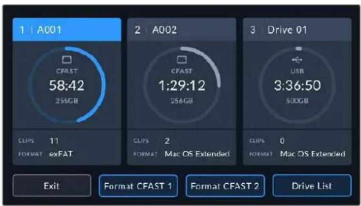 1 | A001 CFAST 58:42 256GB CLIPS 11 FORMAT exFAT 2 | A002 CFAST 1:29:12 256GB CLIPS 2 FORMAT Mac OS Extended 3 | Drive 01 USB 3:36:50 500GB CLIPS 0 FORMAT Mac OS Extended Exit Format CFAST 1 Format CFAST 2 Drive List