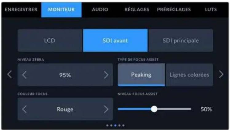 ENREGISTRER MONITEUR AUDIO RÉGLAGES PRÉRÉGLAGES LUTS LCD SDI avant SDI principale NIVÉAU ZÉBRA TYPE DE FOCUS ASSIST < 95% > Peaking Lignes colorées > COULEUR FOCUS NIVÉAU FOCUS ASSIST < Rouge > 50%