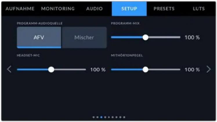 AUFNAHME MONITORING AUDIO PROGRAMM-AUDIOQUELLE AFV Mischer HEADSET-MIC 100% PROGRAMM-MIX 100% MITHORTONPEGEL 100%