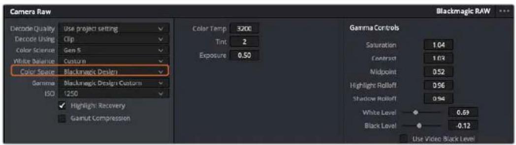 Camera Raw Blackmagic RAW Decode Quality Use project setting Decode Using Clip Color Science Gen 5 White Balance Custom Color Space Blackmagic Design Gamma Blackmagic Design Custom ISO 1250 Highlight Recovery Gamut Compression Color Temp 3200 Tint 2 Exposure 0.50 Gamma Controls Saturation 1.04 Contrast 1.03 Midpoint 0.52 Highlight Rolloff 0.96 Shadow Rolloff 0.94 White Level 0.69 Black Level -0.12 Use Video Black Level