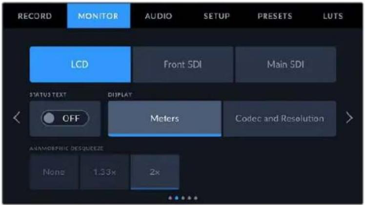 RECORD MONITOR AUDIO SETUP PRESETS LUTS LCD Front SDI Main SDI STATUS TEXT DISPLAY OFF Meters Codec and Resolution ANAMOBRIFIC DESQUEEZE None 1.33x 2x