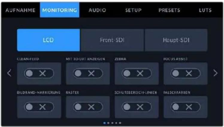 AUFNAHME MONITORING AUDIO SETUP PRESETS LUTS LCD Front-SDI Haupt-SDI CLEAN-FEED MIT 3D-LUT ANZEIGEN ZEBRA FOCUS ASSIST DILDRAND-WARKICRUNG RASTER SCHUTZBEREICH-LINIEN FALSCHIFARSEN