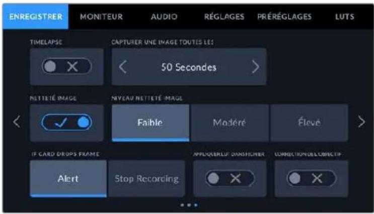 ENREGISTRER MONITEUR AUDIO RÉGLAGES PRÉRÉGLAGES LUTS TIMELAPSE CAPTURER UNE IMAGE TOUTES LES 50 Secondes NETTETÉ IMAGE NYEAU NETTETÉ IMAGS Faible Modéré Élevé IF CARD DROPS FRAME APPLIQUERLUT DANSFICHER CORRECTION OBLIGECTIF Alert Stop Recording