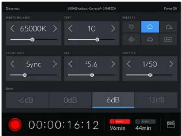 Diaminost UNAID value / Control: 3797C01 Form Off WHITE BALANCE < 65000K > TIME < 10 > PRESPECT FRAME RATE < Sync > FIND < f5.6 > SHUTTER < 1/50 > GAIN -6dB 0dB 6dB 12dB 00:00:16:12 96min 44min