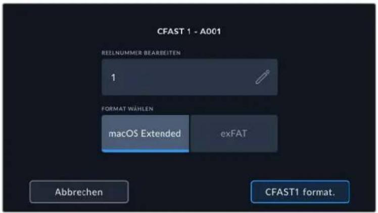CFAST 1 - A001 REELNUMMER BEARBEITEN 1 FORMAT WÄHLEN macOS Extended exFAT Abbrechen CFAST1 format.