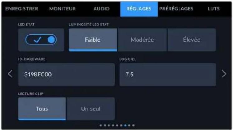 ENREG/STRER MONITEUR AUDIO RÉGLAGES PRÉRÉGLAGES LUTS LED ÉTAT LUMINOSITÉ LED ÉTAT Faible Moderée Elevée ID HARDWARE LOG-CIEL 3198FC00 7.5 LECTURE CLIP Tous Un seul