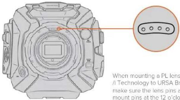 When mounting a PL lens /i Technology to URSA Br make sure the lens pins a mount pins at the 12 o'clock