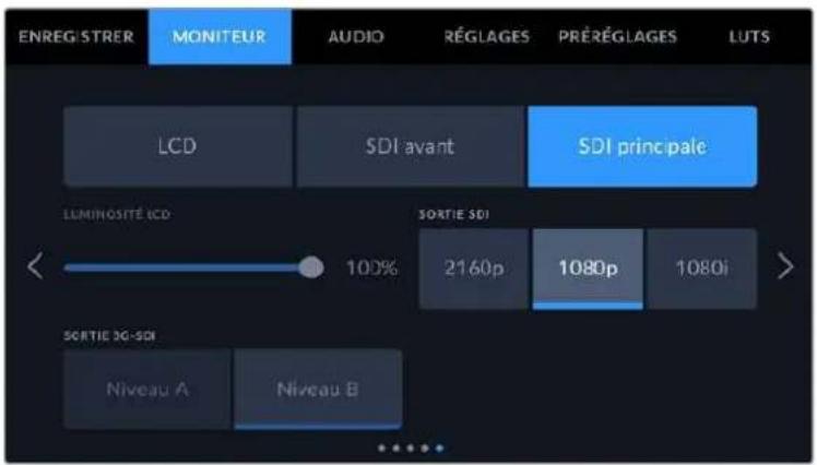 ENREG/STRER MONITEUR AUDIO RÉGLAGES PRÉRÉGLAGES LUTS LCD SDI avant SDI principale LUMINOSITE LCD SORTIE 3G-SDI Niveau A Niveau B 100% 2160p 1080p 1080i