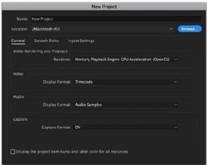 New Project Name: New Project Location: /Macintosh HD Browse... General Scratch Disks Ingest Settings Video Rendering and Playback Renderer: Mercury Playback Engine CPU Acceleration (OpenCL) Video Display Format: Timecode Audio Display Format: Audio Samples Capture Capture Format: DV □ Display the project item name and label color for all instances