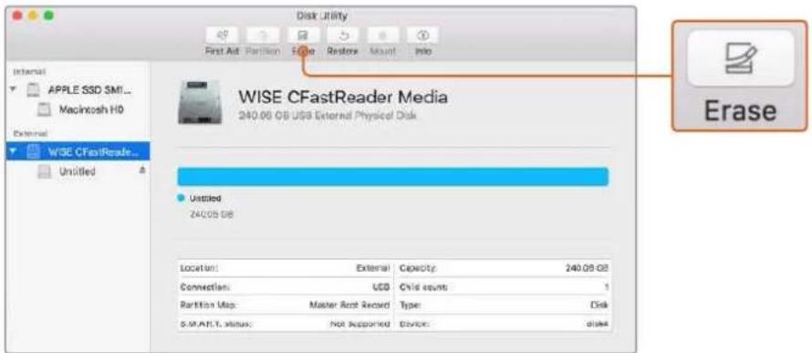 Disk Utility First Aid Partition Edge Restore Mount Info Internal APPLE SSD SMI... Macintosh HD External WISE CFastReader Media 240.05 GB USB External Physical Disk Erase Untitled 240.05 GB Location: External Capacity: 240.05 GB Connection: USD Child counts: 1 Partition Map: Master Root Record Type: Disk S-MAT&T Status: Not Supported Device: disk