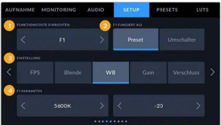 AUFNAHME MONITORING AUDIO SETUP PRESETS LUTS 1 FUNKTIONSTASTE EINRICHEN F1 FUNGIERT ALS < F1 > Preset Umschalter 2 3 EINSTELLUNG < FPS Blende WB Gain Verschluss > 4 F1 PARAMETER < 5600K > < -20 >