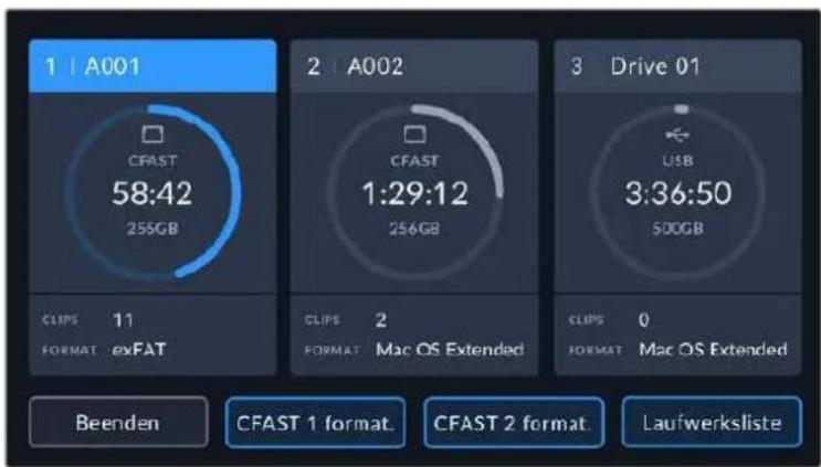 1 | A001 CFAST 58:42 255GB CLIPS 11 FORMAT exFAT 2 | A002 CFAST 1:29:12 256GB CLIPS 2 FORMAT / Mac OS Extended 3 Drive 01 USB 3:36:50 500GB CLIPS 0 FORMAT Mac OS Extended Beenden CFAST 1 format. CFAST 2 format. Laufwerksliste