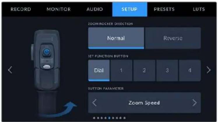 RECORD MONITOR AUDIO SETUP PRESETS LUTS ZOOM ROCKER DIRECTION Normal Reverse SET FUNCTION BUTTON Dial 1 2 3 4 BUTTON PARAMETER Zoom Speed