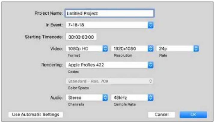 Project Name: Untitled Project In Event: 7-18-18 Starting Timecode: 00:00:00:00 Video: 1080p HD 1920x1080 24p Formet Resolution Rate Rendering: Apple ProRes 422 Codes Standard - Rec. 700 Color Space Audio: Stereo 48kHz Channels Sample Rate Use Automatic Settings Cancel OK