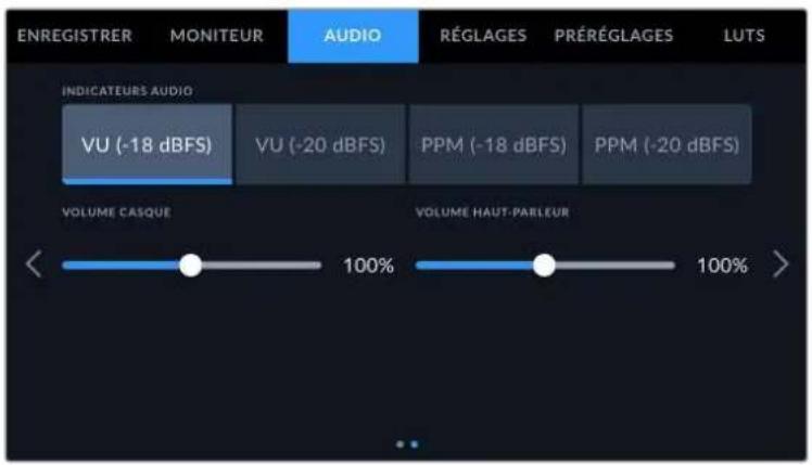 ENREGISTRER MONITEUR AUDIO RÉGLAGES PRÉRÉGLAGES LUTS INDICATEURS AUDIO VU (-18 dBFS) VU (-20 dBFS) PPM (-18 dBFS) PPM (-20 dBFS) VOLUME CASQUE VOLUME HAUT-PARLEUR < 100% 100% >