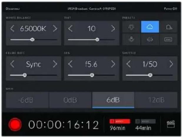 Volume: USA B value - CameraA-370F/COI Purrot Off WHITE BALANCE 65000K > TIME 10 > PRESS FRAME RATE Sync > FBS SHUTTER 1/50 > GAIN -6dB 0dB 6dB 12dB 00:00:16:12 96min 44min