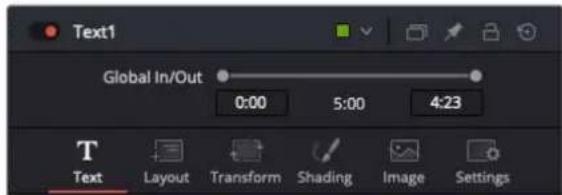 Text1 Global In/Out 0:00 5:00 4:23 T Text Layout Transform Shading Image Settings