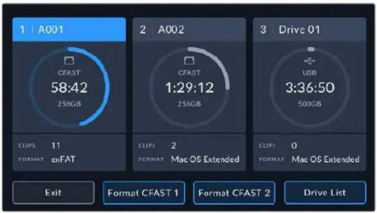 1 | A001 CFAST 58:42 256GB 2 A002 CFAST 1:29:12 256GB 3 Drive 01 USB 3:36:50 500GB CLIPS 11 FORMAT exFAT CLIPS 2 FORMAT Mac OS Extended CLIPS 0 FORMAT Mac OS Extended Exit Format CFAST 1 Format CFAST 2 Drive List