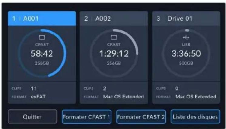 1 | A001 CFAST 58:42 255GB CLIPS 11 FORMAT exFAT 2 | A002 CFAST 1:29:12 256GB CLIPS 2 FORMAT Mac OS Extended 3 Drive 01 USB 3:36:50 500GB CLIPS 0 FORMAT Mac OS Extended Quitter Formater CFAST 1 Formater CFAST 2 Liste des disques
