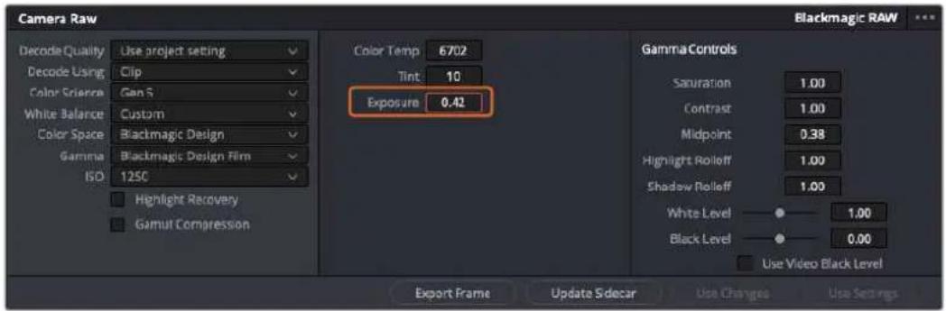 Camera Raw Blackmagic RAW Decode Quality Use project setting Decode Using Clip Color Science Gen S White Balance Custom Color Space Blackmagic Design Gamma Blackmagic Design Film ISO 1250 Highlight Recovery Gamul Compression Color Temp 6702 Tint 10 Exposure 0.42 Gamma Controls Saturation 1.00 Contrast 1.00 Midpoint 0.38 Highlight Rolloff 1.00 Shadow Rolloff 1.00 White Level ● 1.00 Black Level ● 0.00 Use Video Black Level Export Frame Update Sdecar Use Changes Use Settings