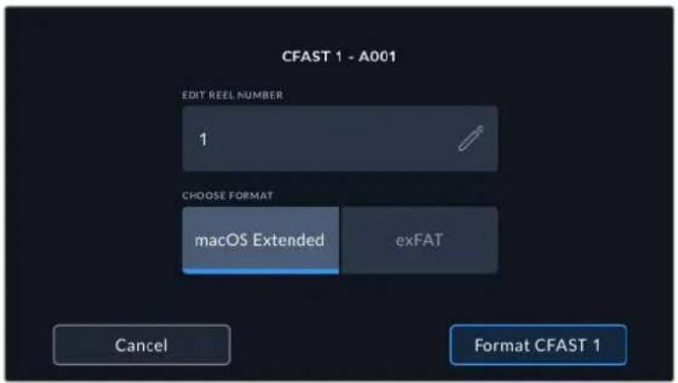 CFAST 1 - A001 EDIT REEL NUMBER 1 CHOOSE FORMAT macOS Extended exFAT Cancel Format CFAST 1