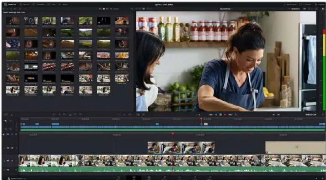 Screenshot of a video editing software interface showing timeline, preview grid with multiple video thumbnails, and two women in a kitchen setting.