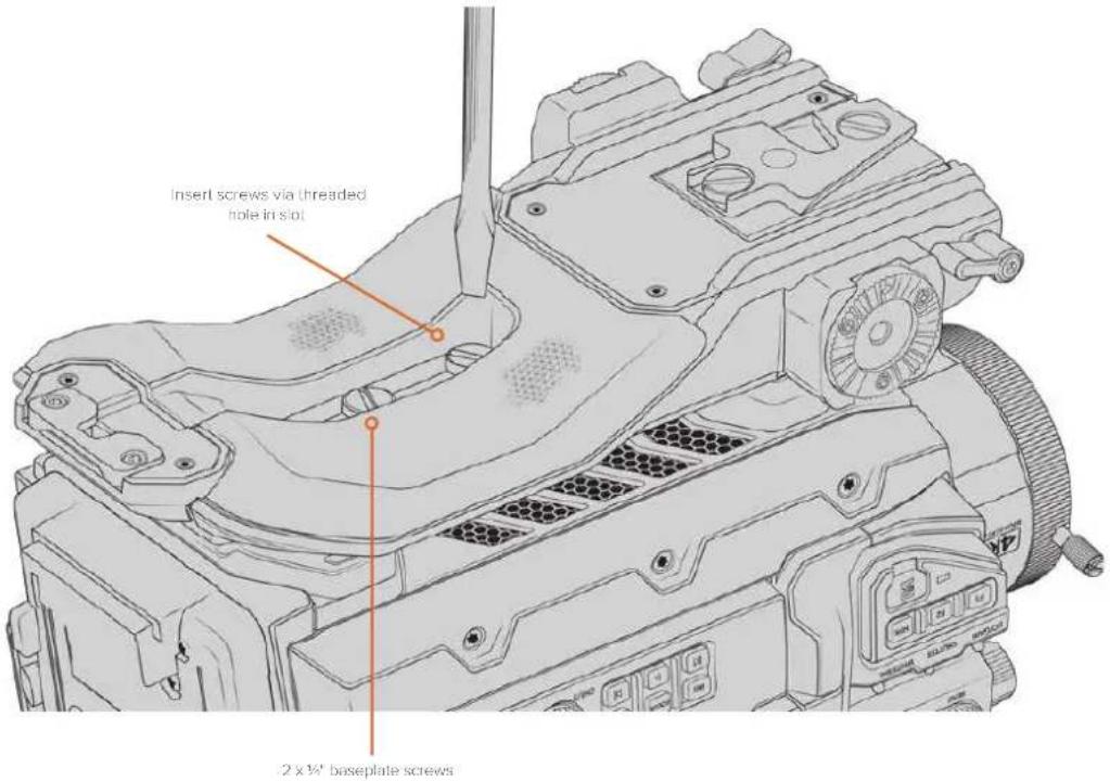Insert screws via threaded hole in slot 2 x 1/4" baseplate screws