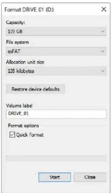 Format DRIVE_01 (D:) Capacity: 119 GB File system exFAT Allocation unit size 128 kilobytes Restore device defaults Volume label DRIVE_01 Format options ✓ Quick Format Start Close