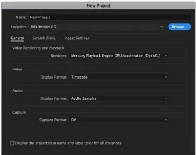 New Project Name: New Project Location: /Macintosh HD Browse General Scratch Disks Ingest Settings Video Rendering and Playback Renderer: Mercury Playback Engine GPU Acceleration (OpenCL) Video Display Format: Timecode Audio Display Format: Audio Samples Capture Capture Format: DV □ Display the project item name and label color for all instances