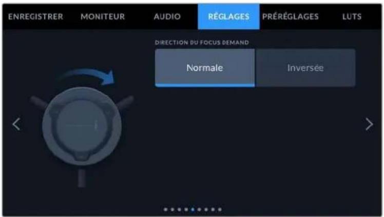 ENREGISTRER MONITEUR AUDIO RÉGLAGES PRÉRÉGLAGES LUTS DIRECTION DU FOCUS DEMAND Normale Inversée